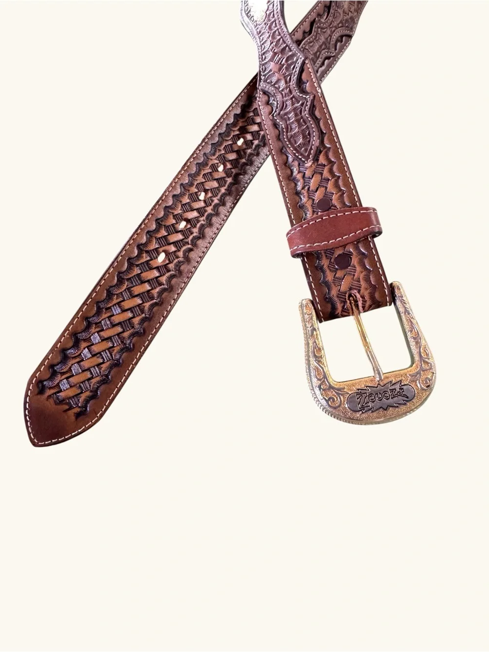 Vintage Nocona Western Tooled Leather Belt Gold Floral Conchos Engraved Buckle